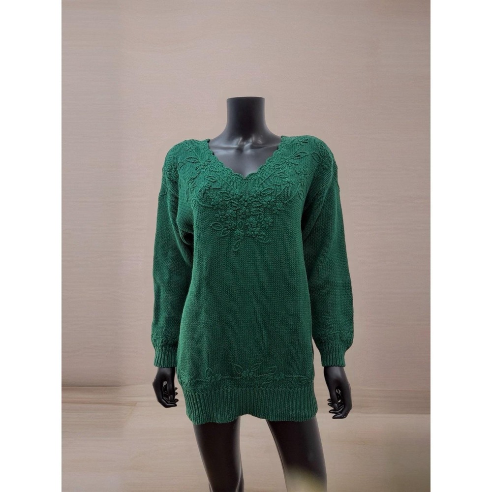 Vintage Reed Hunter Green Knit Floral Embroidered Sweater Tunic Ramie Cotton‎ S